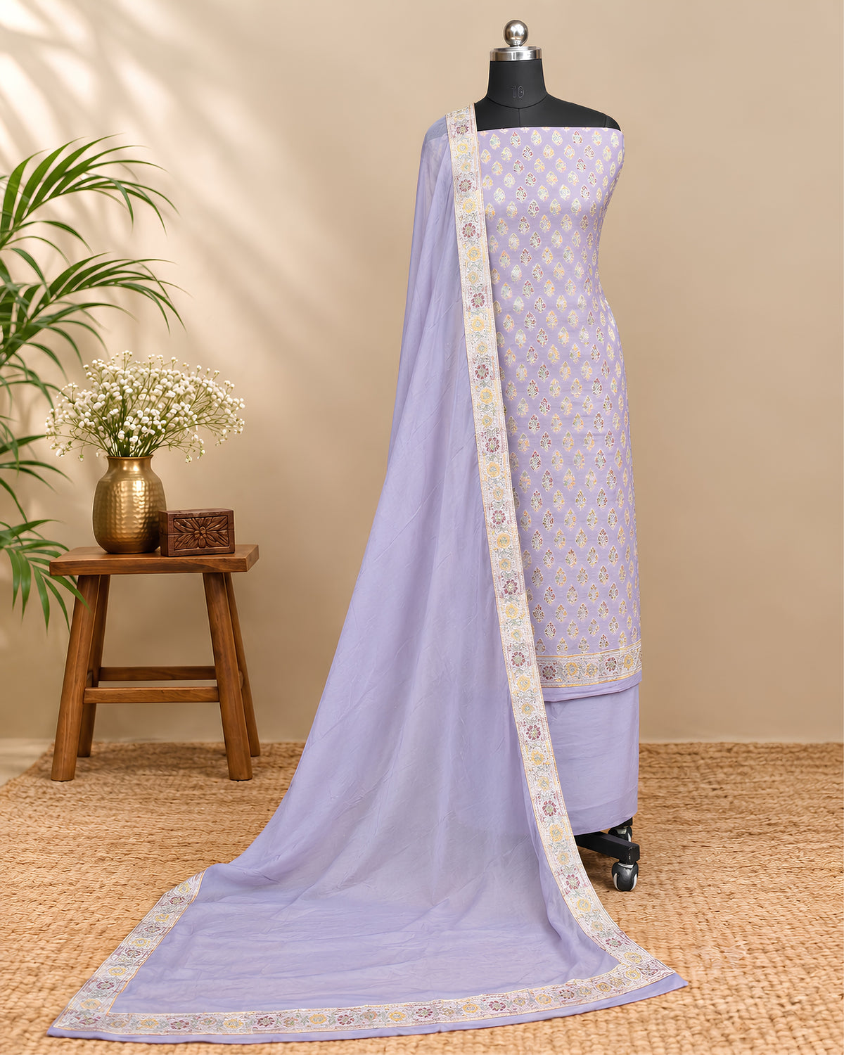 Lavender Banarasi Meena Georgette Dupatta by S Fabs, showcasing intricate embroidery and lightweight, flowy fabric.