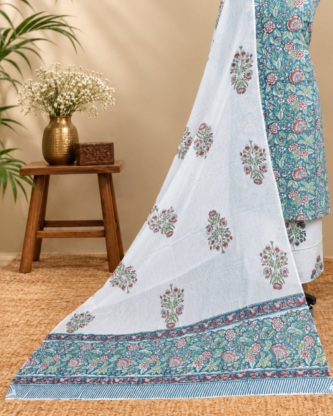 Mul Mul Cotton Dupatta - Aqua Blue with White