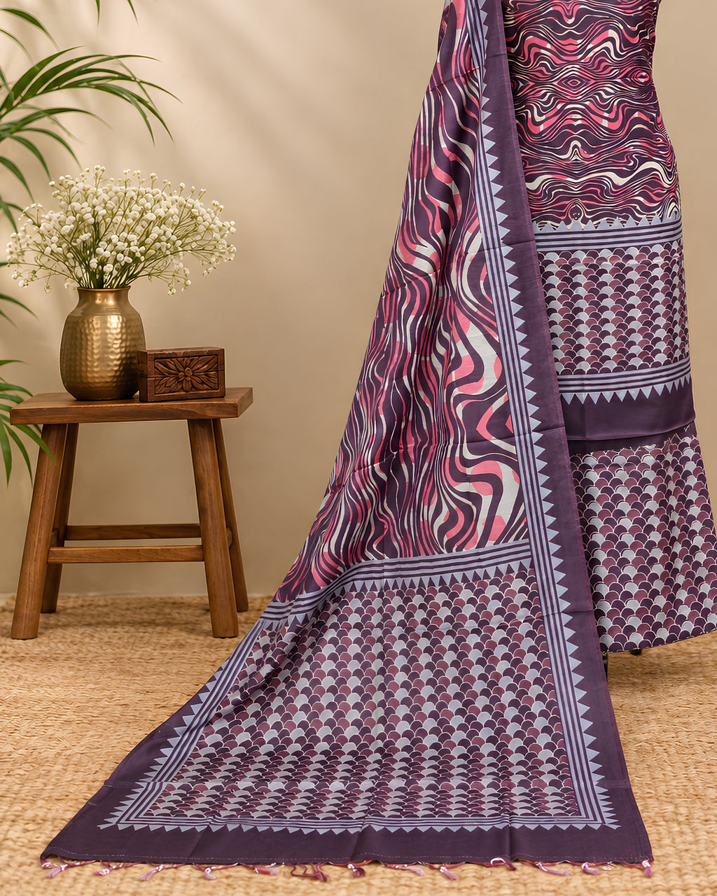 S Fabs Munga Digital Print in Rich Plum on textured material, showcasing a vibrant, artistic fabric design with deep plum tones.