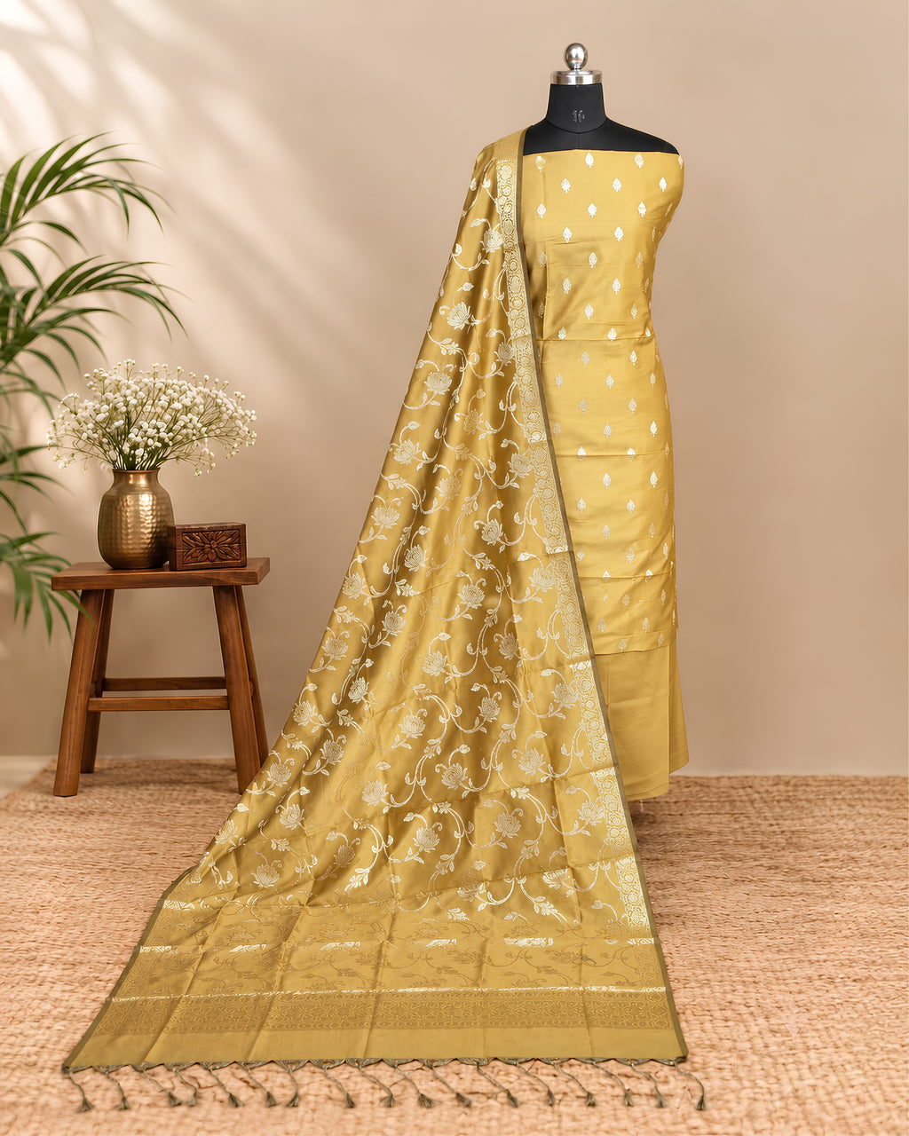 Mustard yellow silk Butti fabric from S Fabs, showcasing soft, luxurious silk material with a smooth texture and elegant drape.