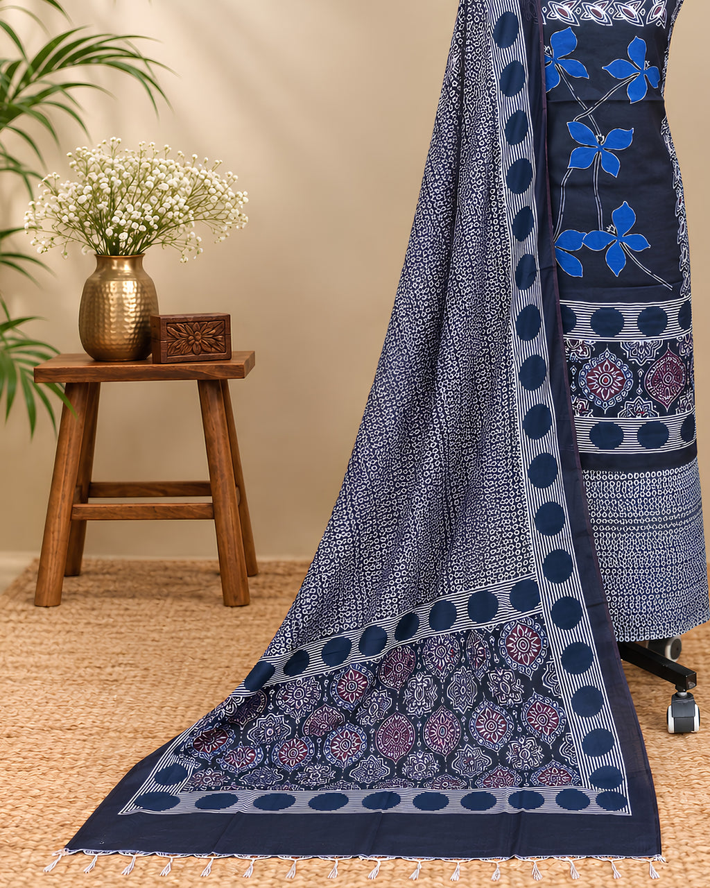 Royal blue digital print fabric from S Fabs, showcasing a vibrant and detailed textile design on high-quality material.