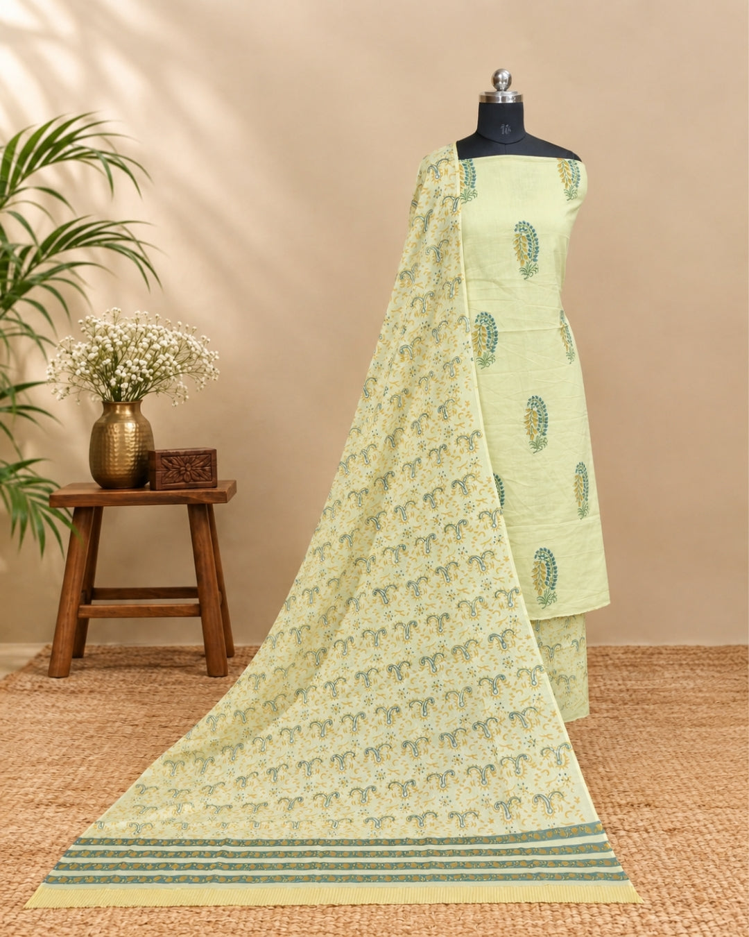 Mul Mul Cotton Dupatta - Pale Pistachio Green with Mustard Paisley