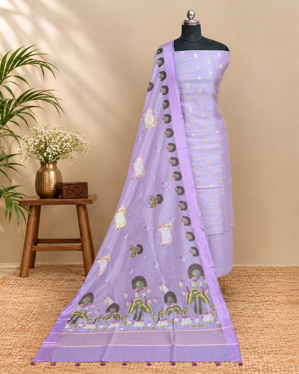 Lavender Chanderi Meena Butta digital dupatta with intricate embroidery and delicate design by S Fabs, showcasing elegant craftsmanship.