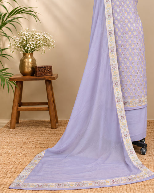 Lavender Banarasi Meena Georgette Dupatta by S Fabs featuring intricate traditional embroidery and delicate fabric detailing.