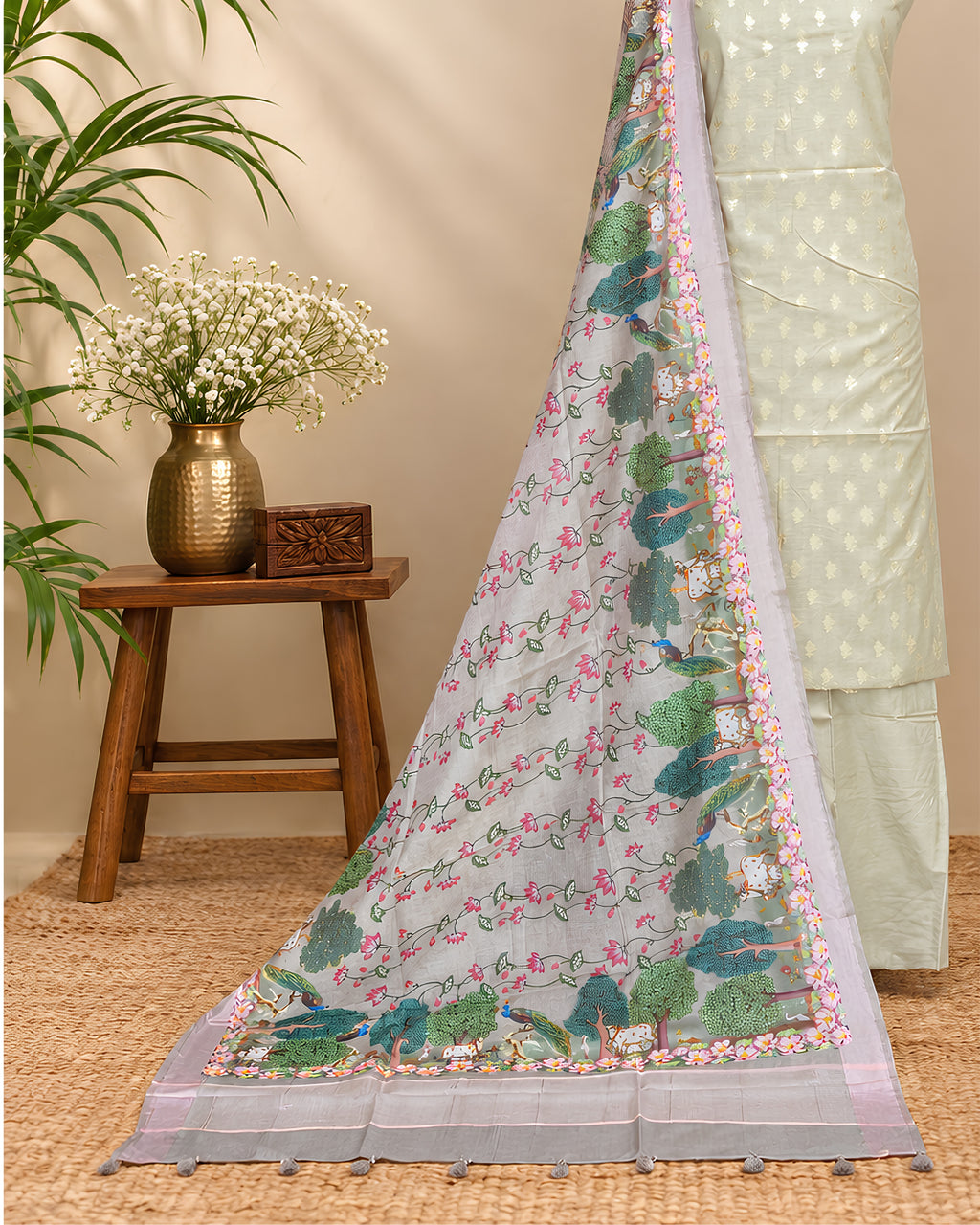 Light sage Chanderi Meena Butta digital dupatta by S Fabs, showcasing intricate embroidery and delicate fabric details.