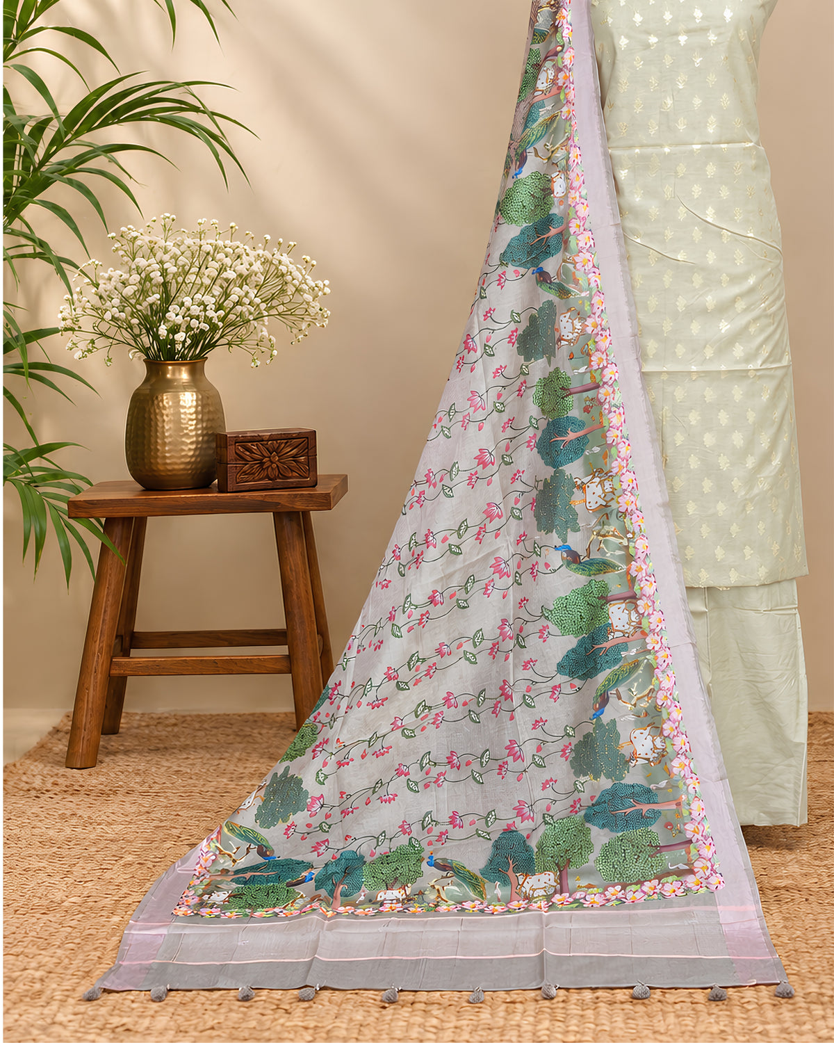Light sage Chanderi Meena Butta digital dupatta by S Fabs, showcasing intricate embroidery and delicate fabric details.