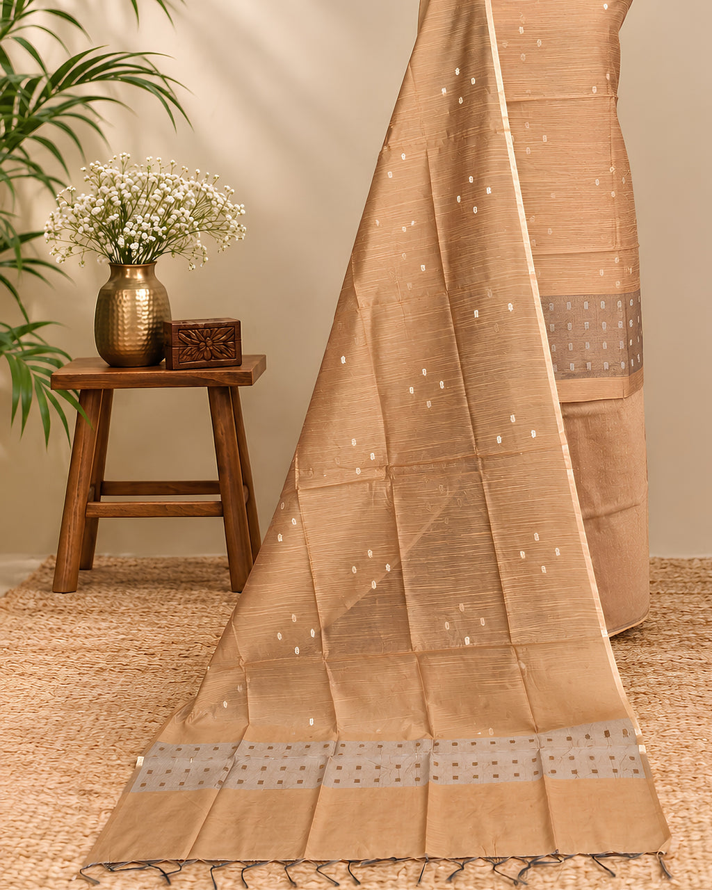 Raw silk organza butti in golden tan color, showcasing delicate fabric texture and intricate design from S Fabs.
