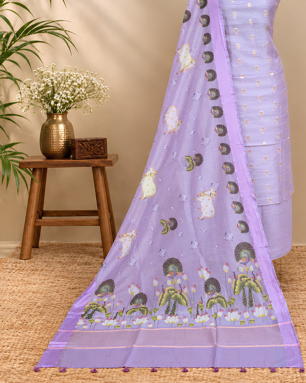 Lavender Chanderi Meena Butta digital dupatta featuring intricate patterns and delicate fabric from S Fabs.