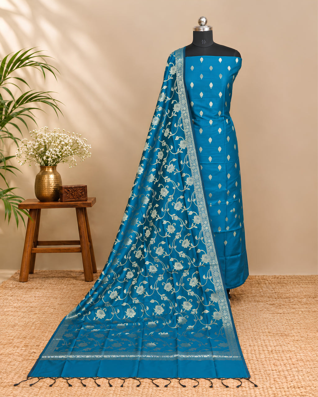 Peacock blue silk butti fabric by S Fabs, showcasing smooth, shiny silk material with intricate weaving details.