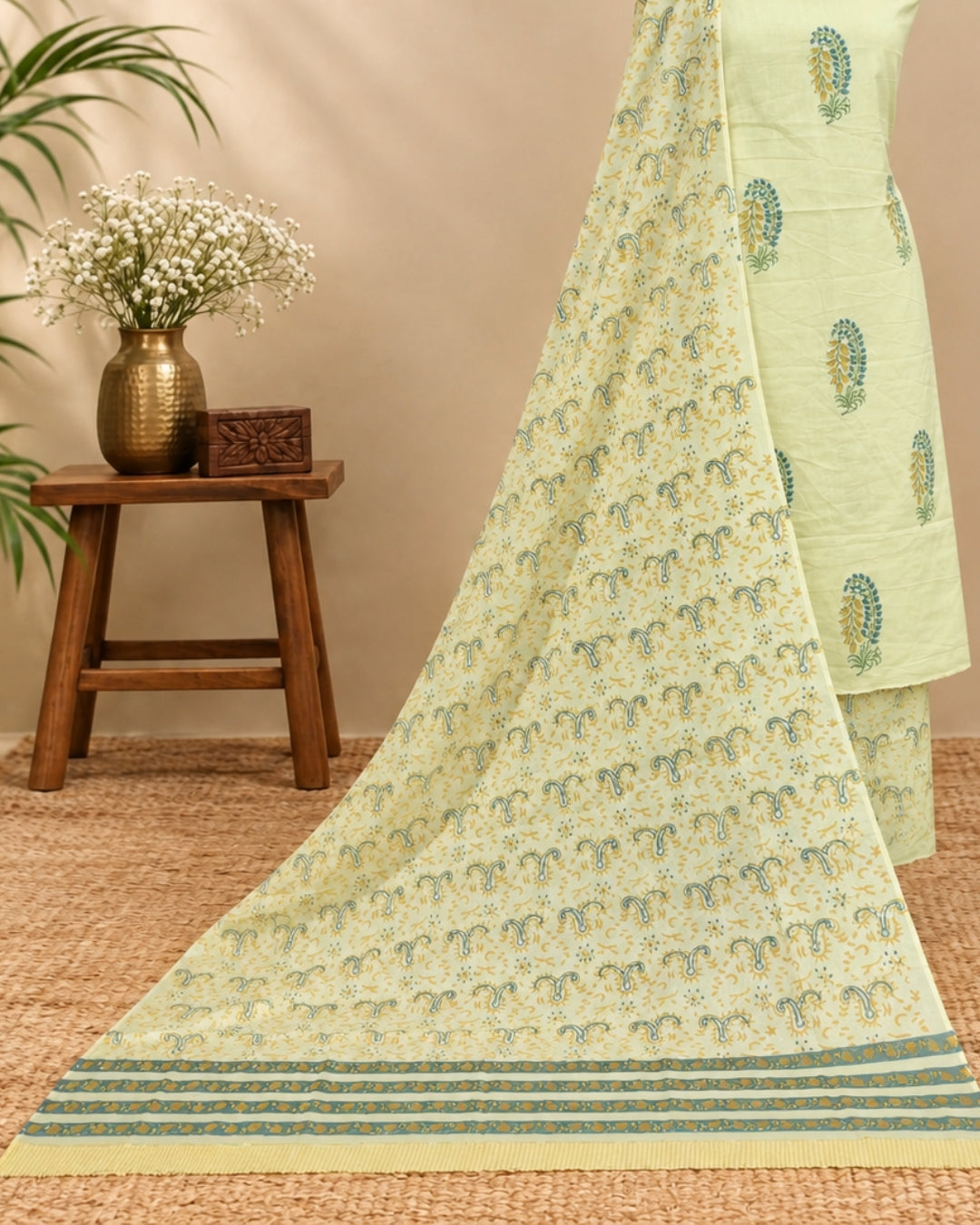 Mul Mul Cotton Dupatta - Pale Pistachio Green with Mustard Paisley