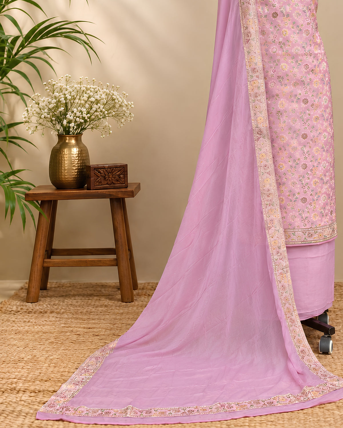 Pink Banarasi Meena Georgette Dupatta with intricate embroidery and floral patterns, showcasing luxurious traditional craftsmanship.