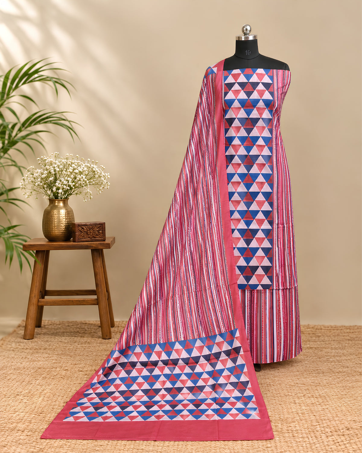 Deep pink Munga digital print fabric by S Fabs, showcasing vibrant patterns and intricate textile design.