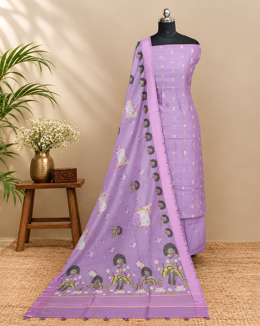 Dark lavender Chanderi Meena Butta digital dupatta featuring intricate patterns and delicate fabric from S Fabs.