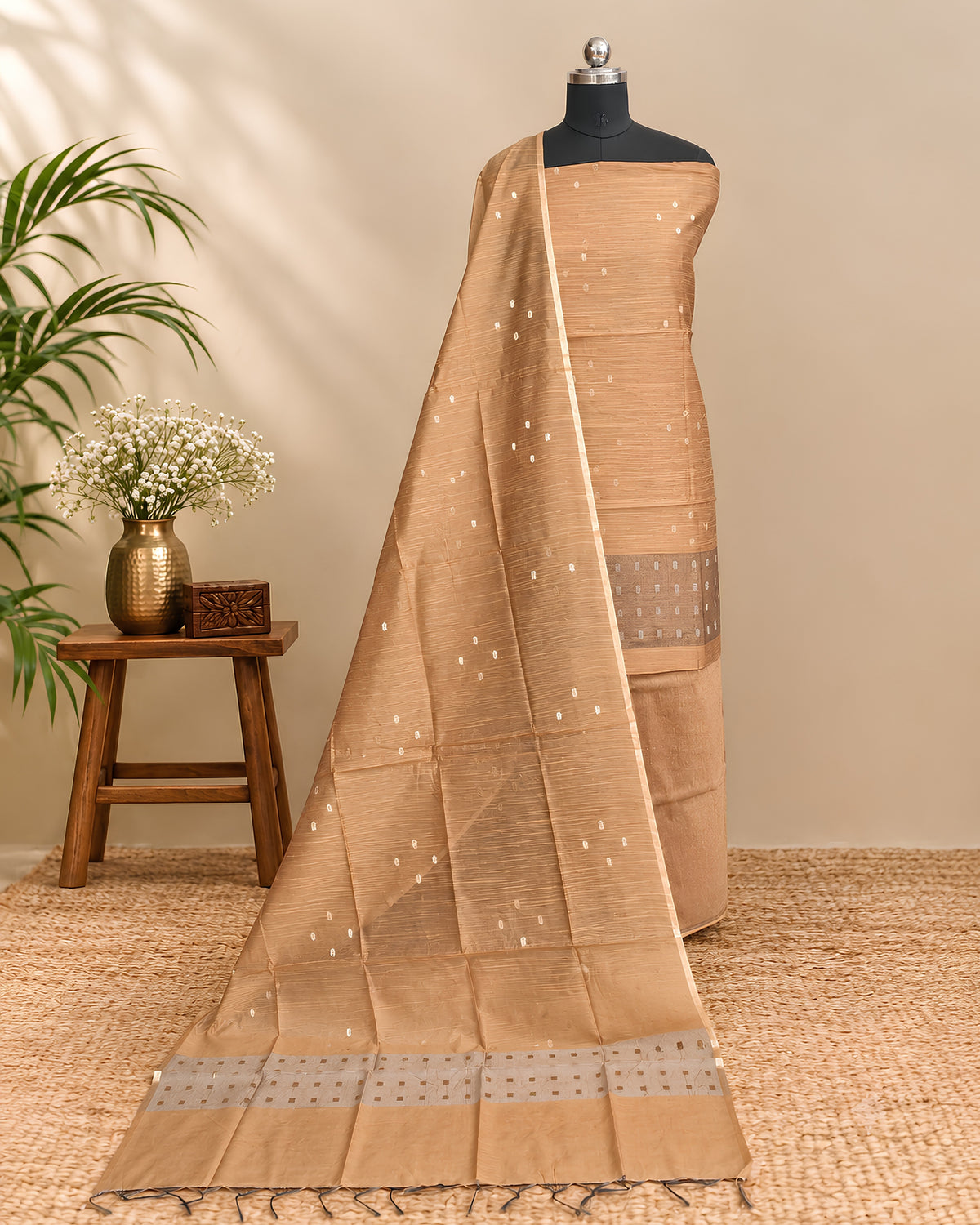 Golden tan raw silk organza butti fabric from S Fabs, showcasing a lightweight, sheer material with intricate golden dot patterns.