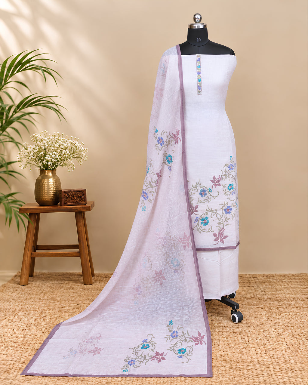 Linen Embroidery Chudi - Off White