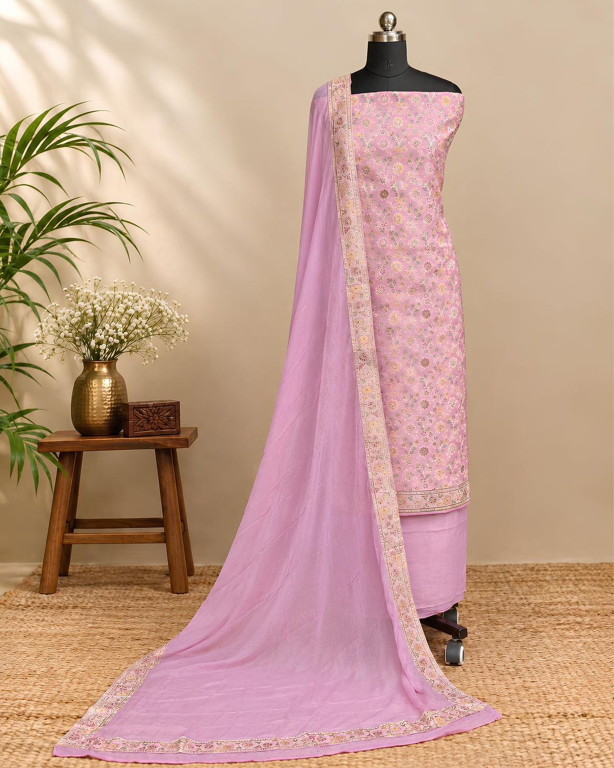 Pink Banarasi Meena Georgette Dupatta with intricate gold embroidery, crafted by S Fabs, showcasing traditional Indian textile artistry.