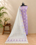 Lavender Kora Butti Chudi set by S Fabs, featuring traditional jewelry with intricate silver detailing and vibrant lavender accents.