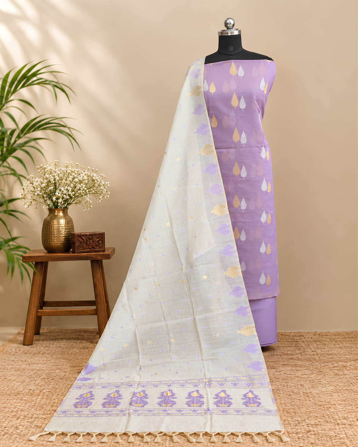 Lavender Kora Butti Chudi set by S Fabs, featuring traditional jewelry with intricate silver detailing and vibrant lavender accents.