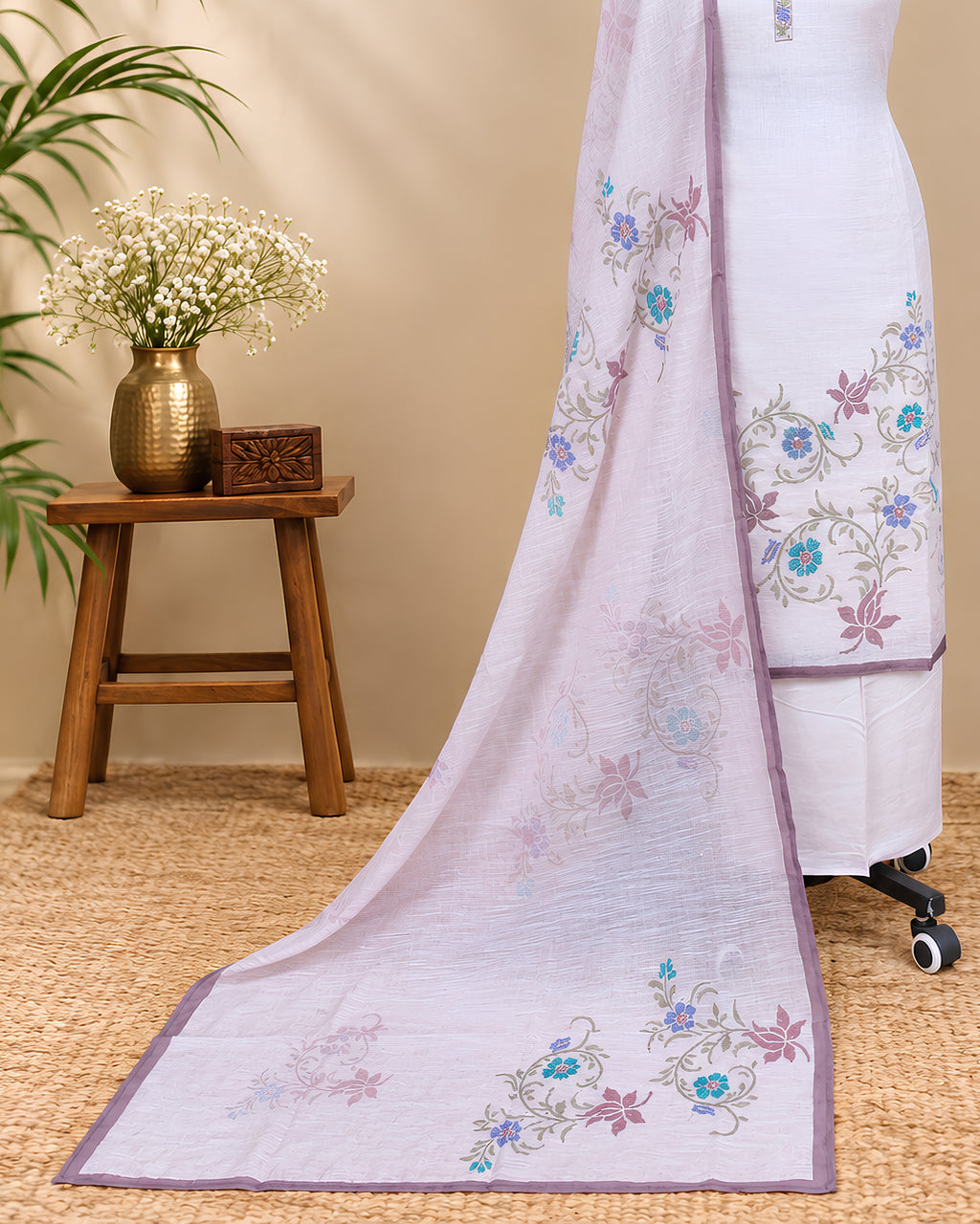 Linen Embroidery Chudi - Off White