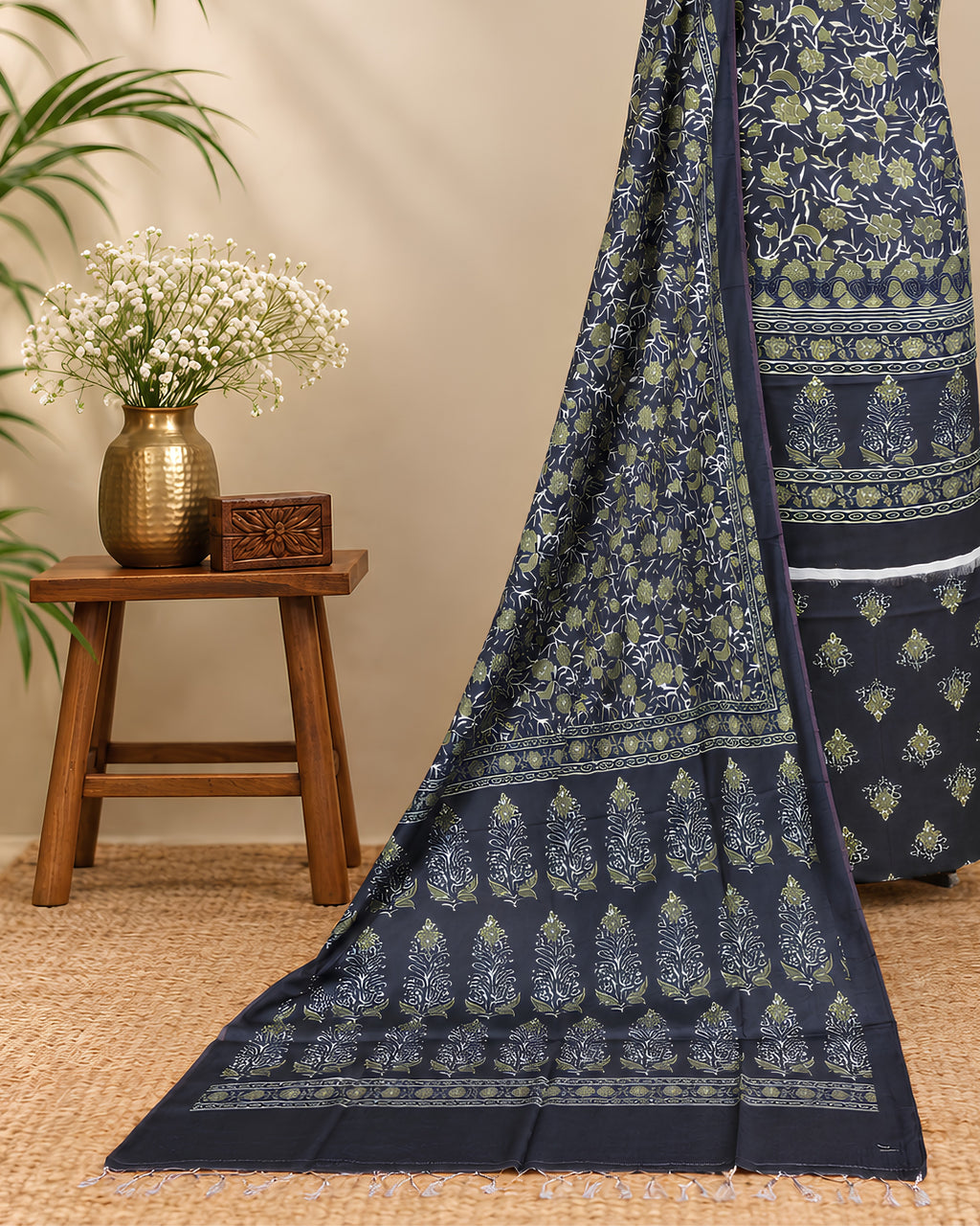 Olive green Munga digital print fabric by S Fabs, showcasing vibrant pattern and detailed textile texture.
