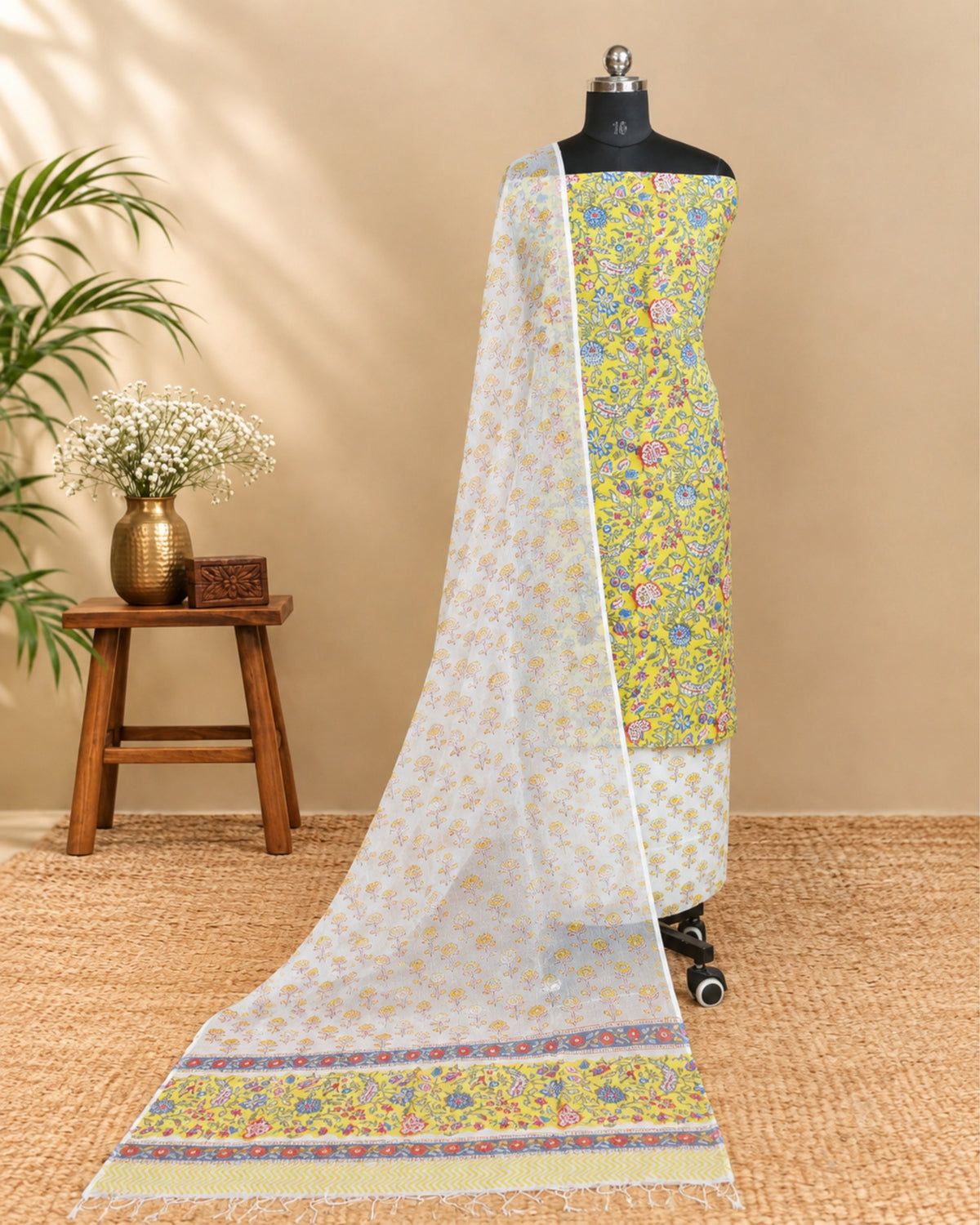 Mul Mul Kota Dupatta - Lemon Yellow with Multicolour Floral