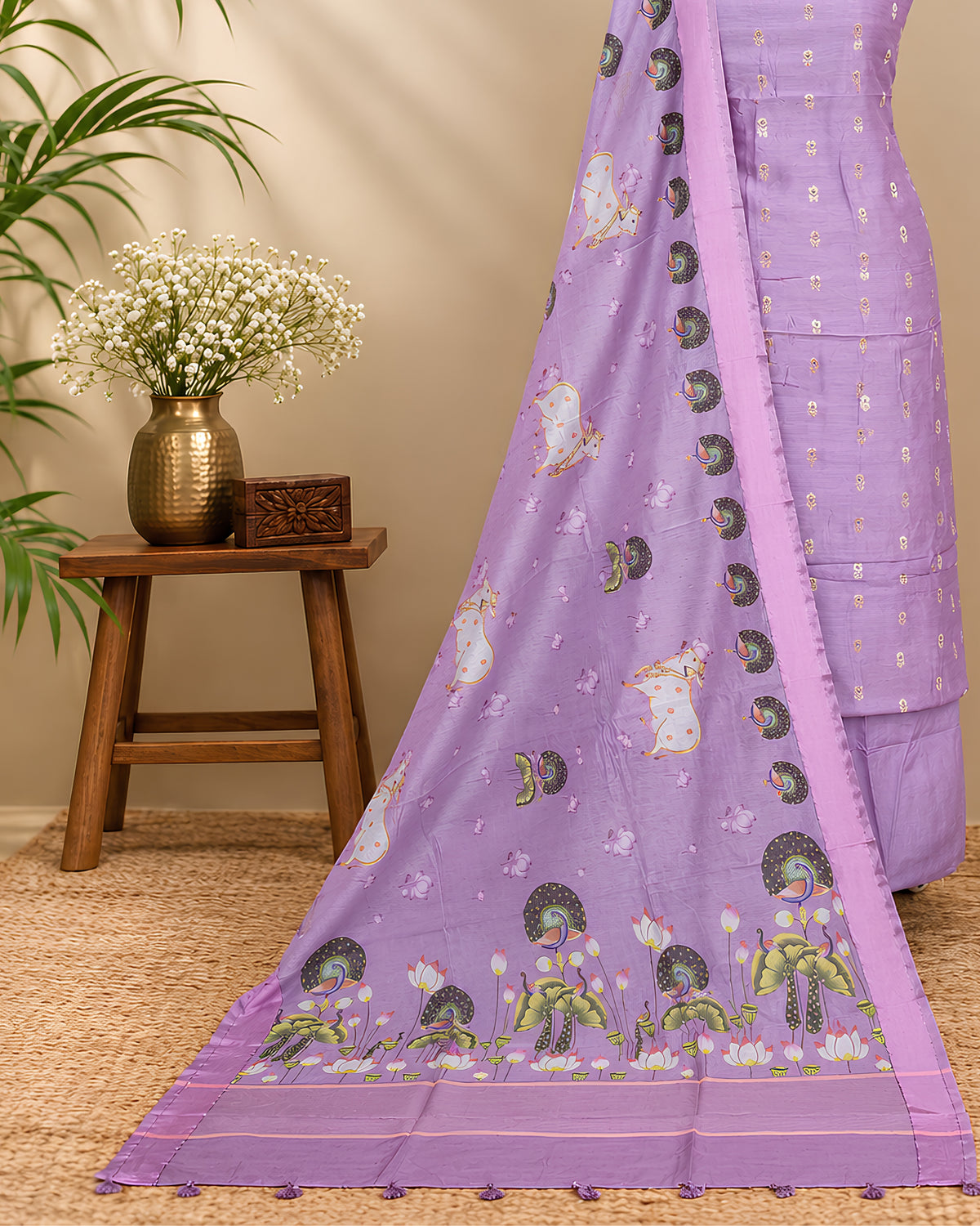 Dark lavender Chanderi Meena Butta digital dupatta showcasing intricate embroidery and delicate fabric from S Fabs.