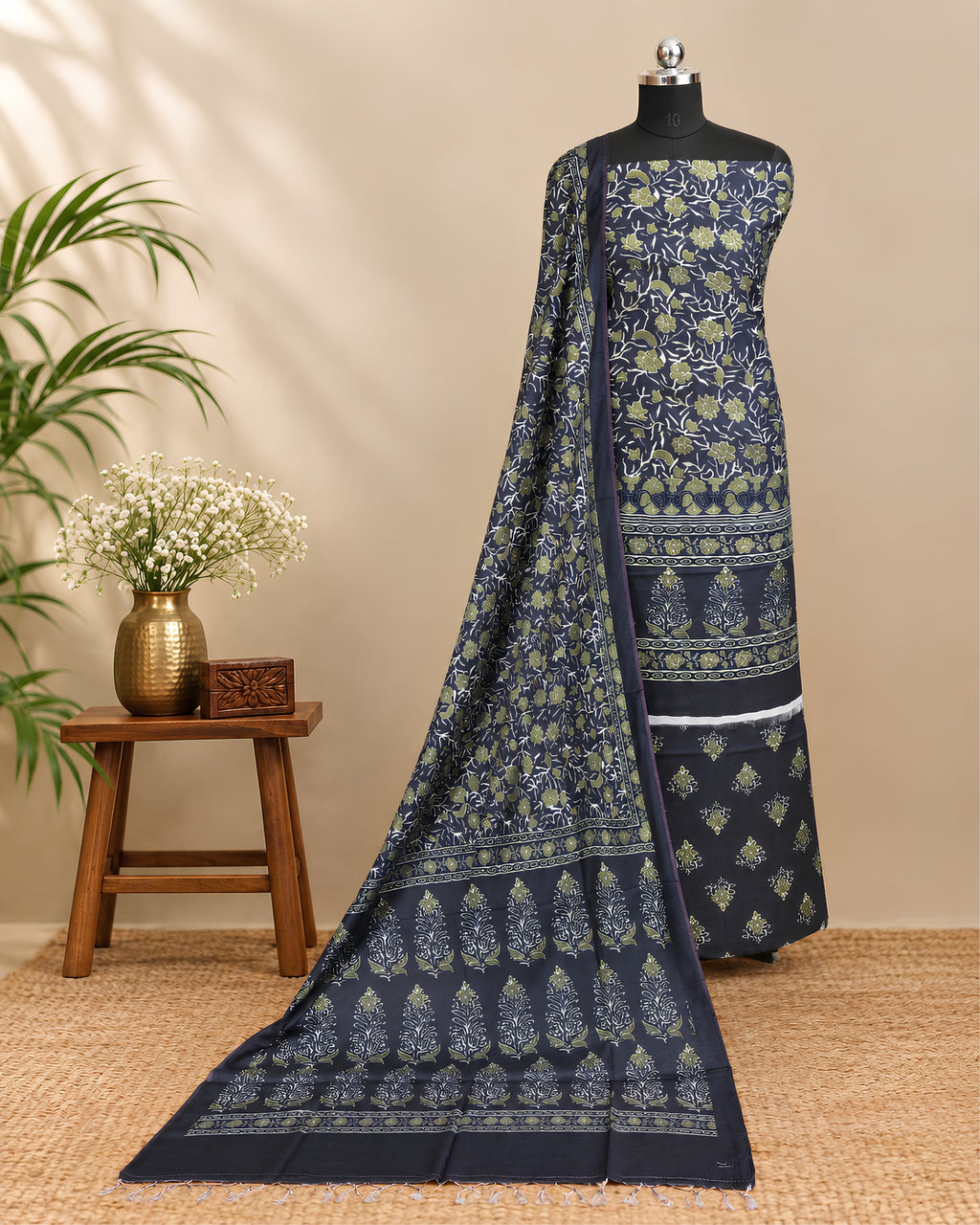 Olive green Munga digital print fabric by S Fabs, showcasing a detailed, vibrant textile pattern on smooth material.