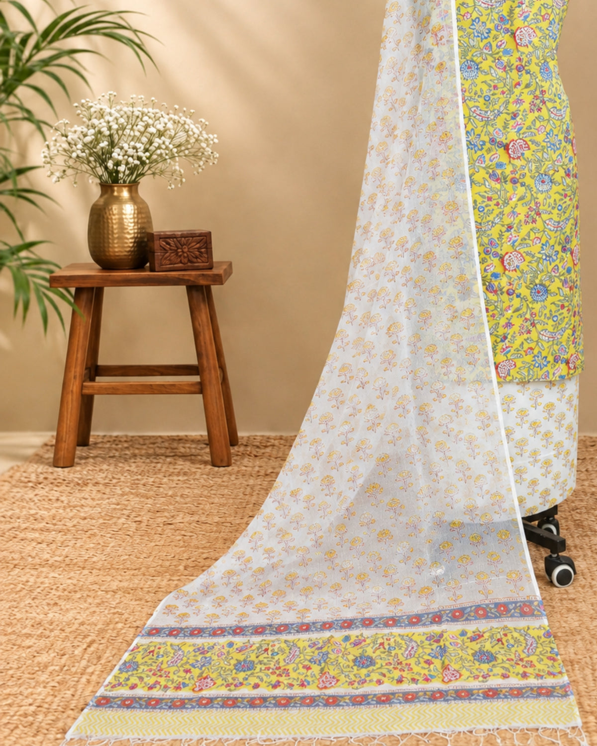 Mul Mul Kota Dupatta - Lemon Yellow with Multicolour Floral