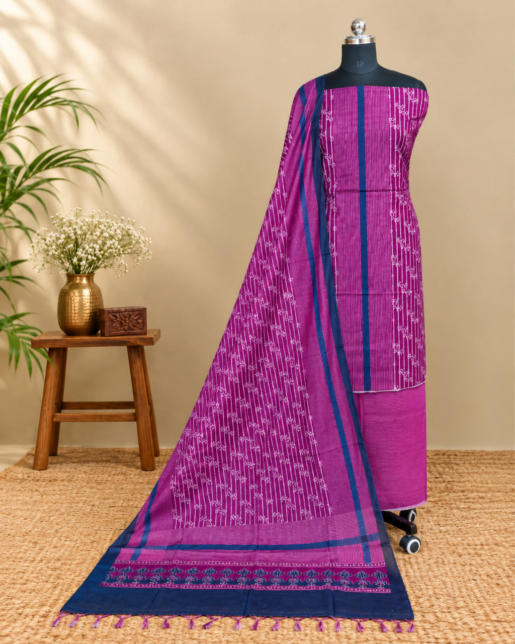 S Fabs Munga digital print material in rich magenta with vibrant abstract patterns on fabric surface.