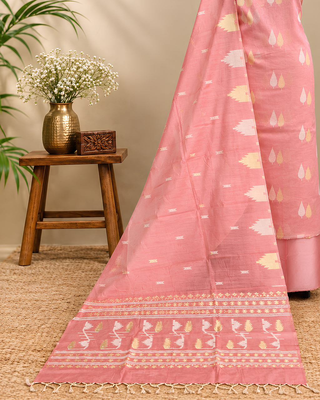 Soft dusty rose Kora Butti Chudi set by S Fabs, featuring traditional fabric with intricate embroidery and elegant design.