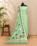 Sage green Chanderi Meena Butta digital dupatta with intricate design, showcasing traditional craftsmanship and elegant fabric.