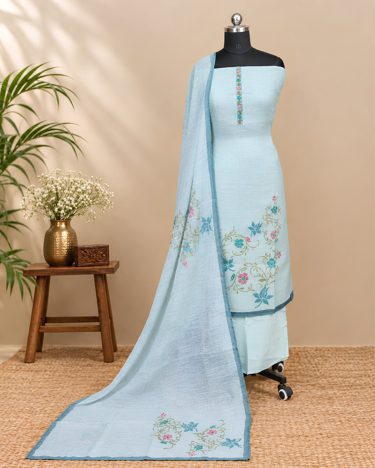 Powder blue linen embroidery chudi from S Fabs, featuring intricate embroidery details and traditional design.