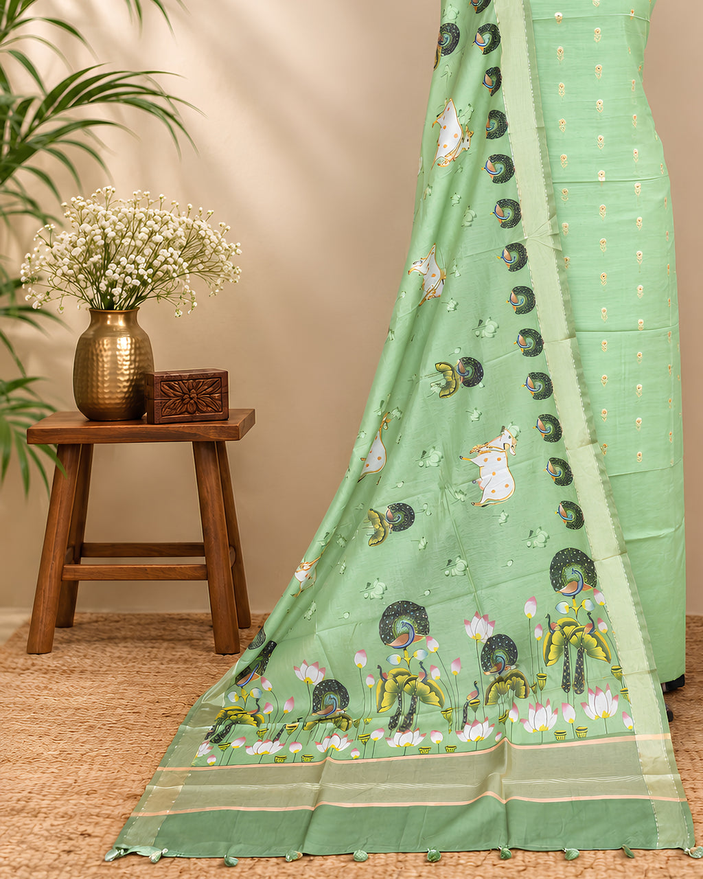 Sage green Chanderi Meena Butta digital dupatta with intricate patterns, showcasing luxurious fabric and detailed design by S Fabs.