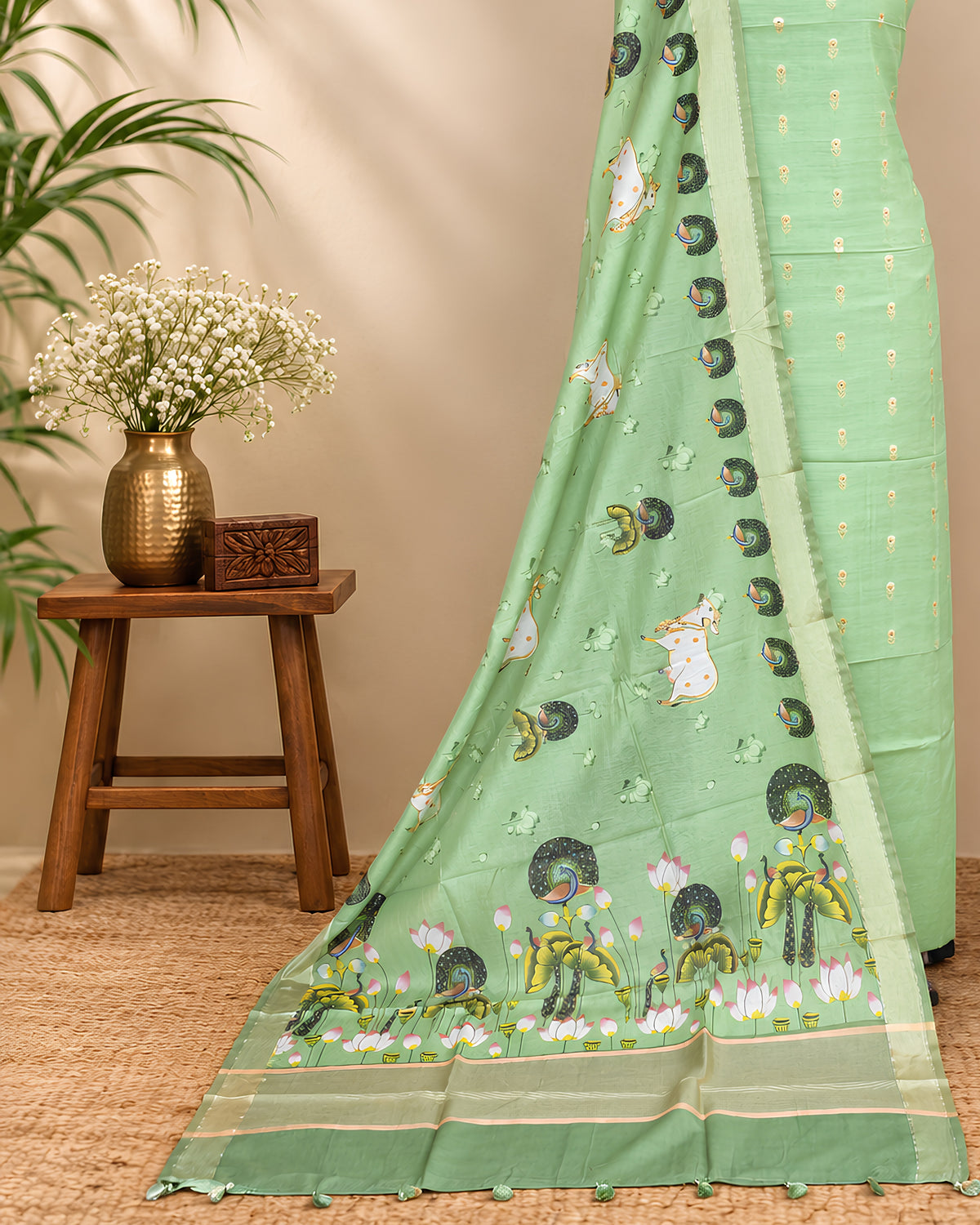 Sage green Chanderi Meena Butta digital dupatta with intricate patterns, showcasing luxurious fabric and detailed design by S Fabs.