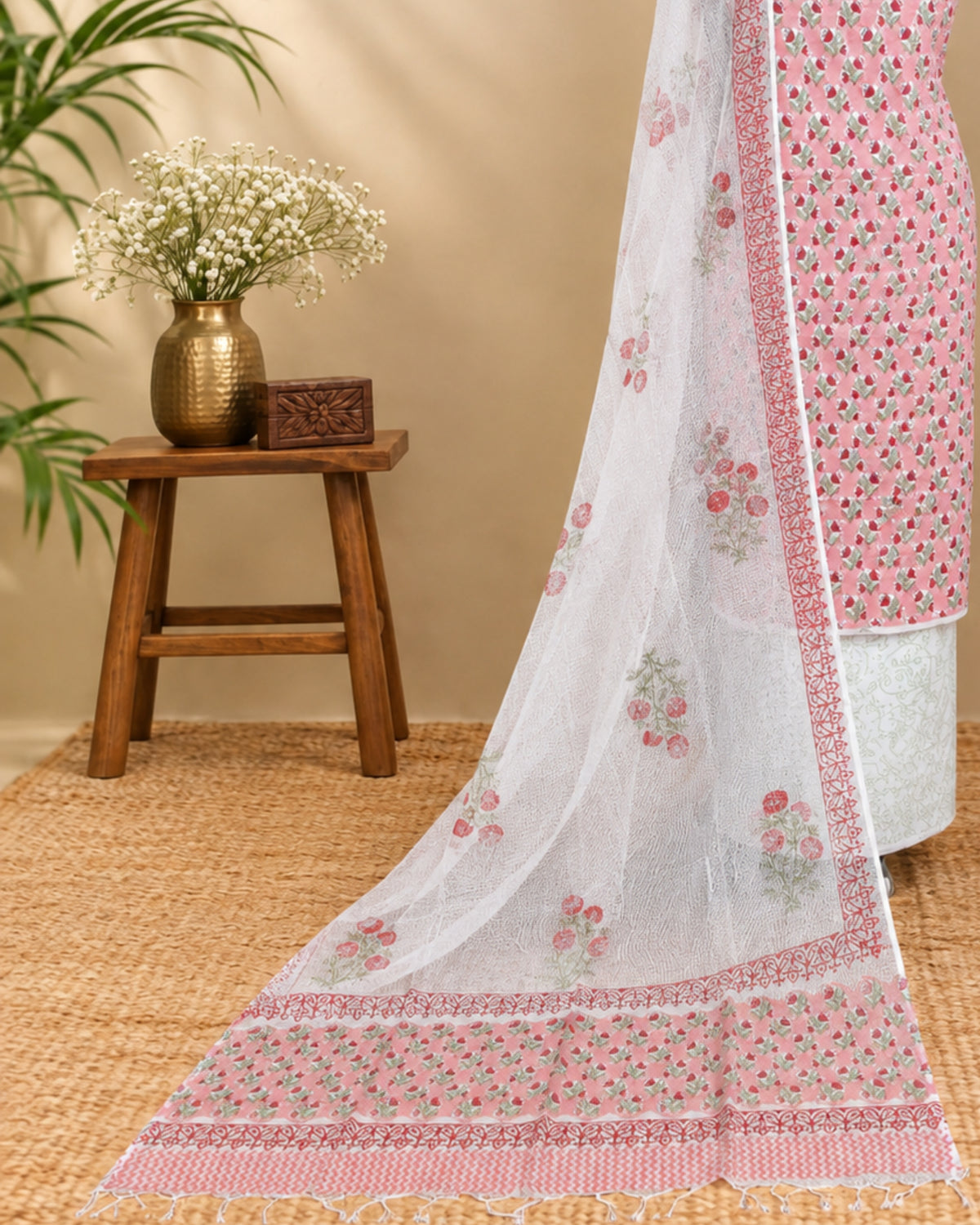 Mul Mul Kota Dupatta - Blush Pink with White Printed