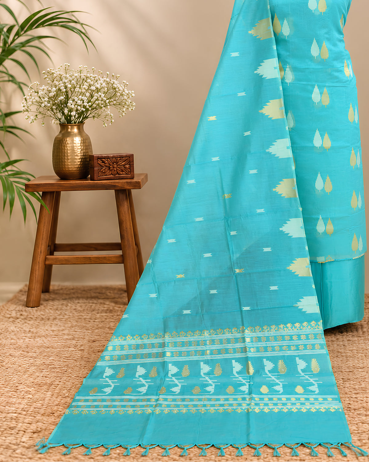 S Fabs Kora Butti Chudi Set material in sea green with traditional butti pattern
