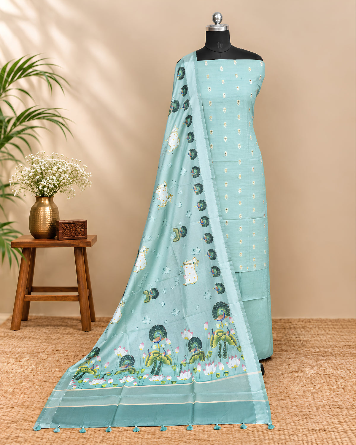 Sea foam green Chanderi Meena Butta digital dupatta made of soft material with intricate patterns, showcasing elegant traditional design.
