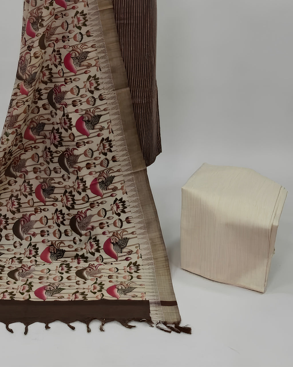 KADHI COTTON PICHWAI PRINTED DUPATTA CHUDI SET - CHOCOLATE BROWN
