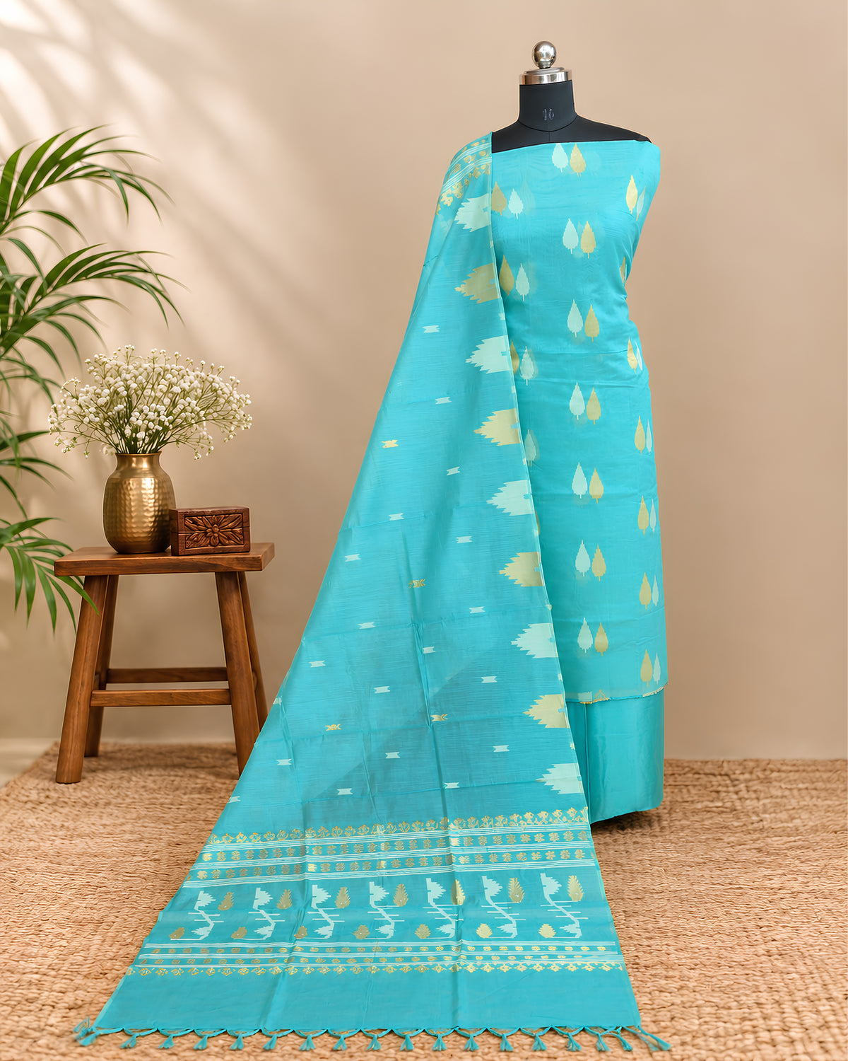S Fabs Kora Butti Chudi Set material in sea green with traditional butti pattern