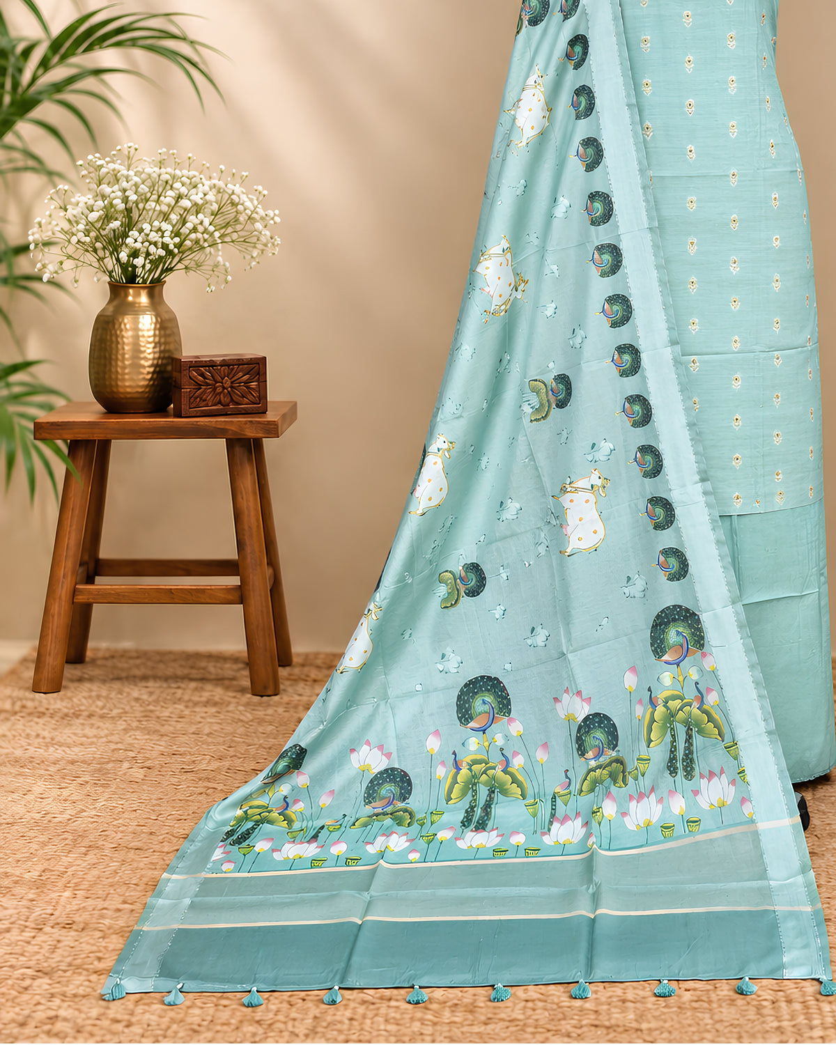 Sea foam green Chanderi Meena Butta digital dupatta with intricate embroidery and delicate detailing by S Fabs.