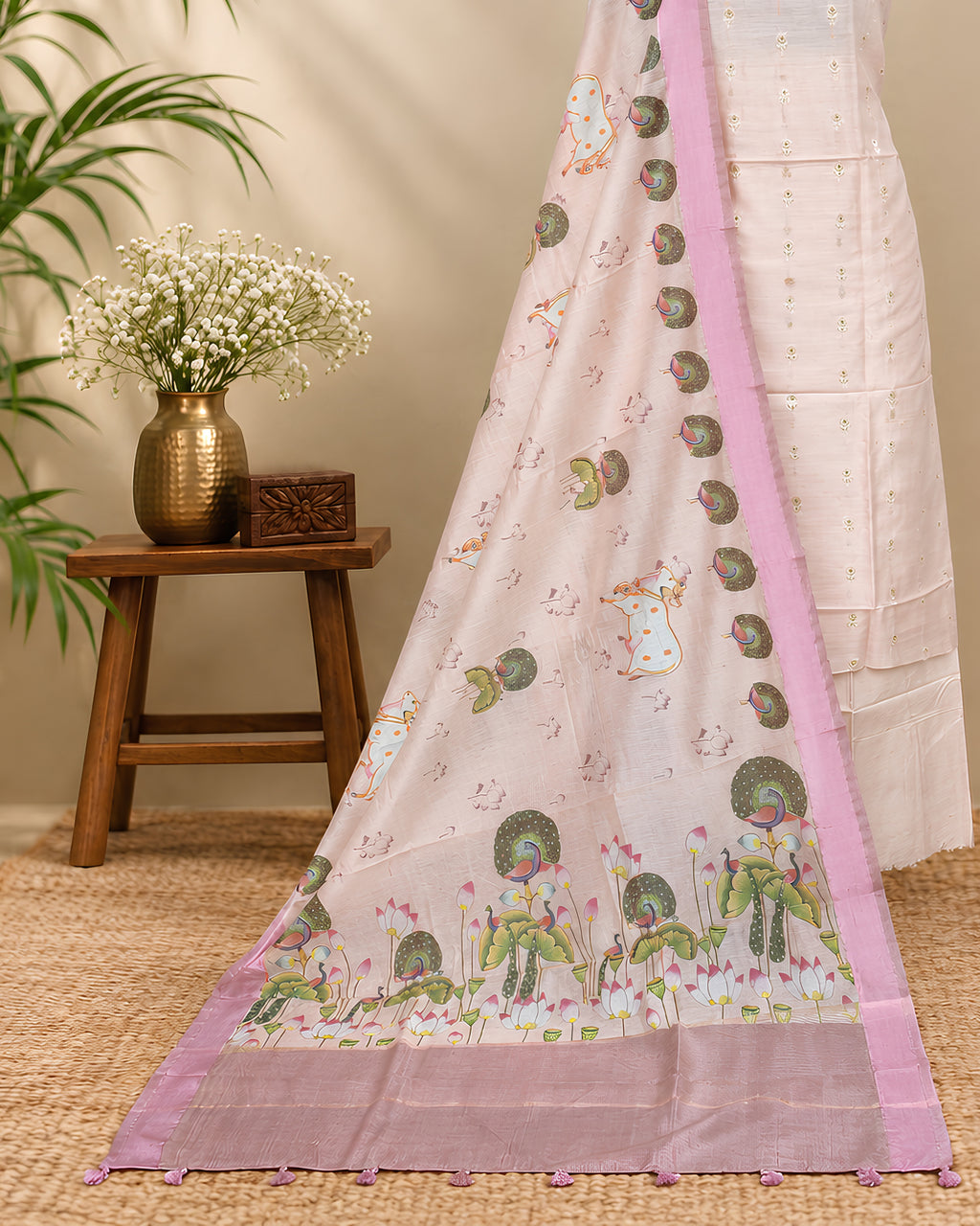 Soft beach-colored Chanderi Meena Butta digital dupatta from S Fabs, featuring intricate embroidery and elegant fabric.