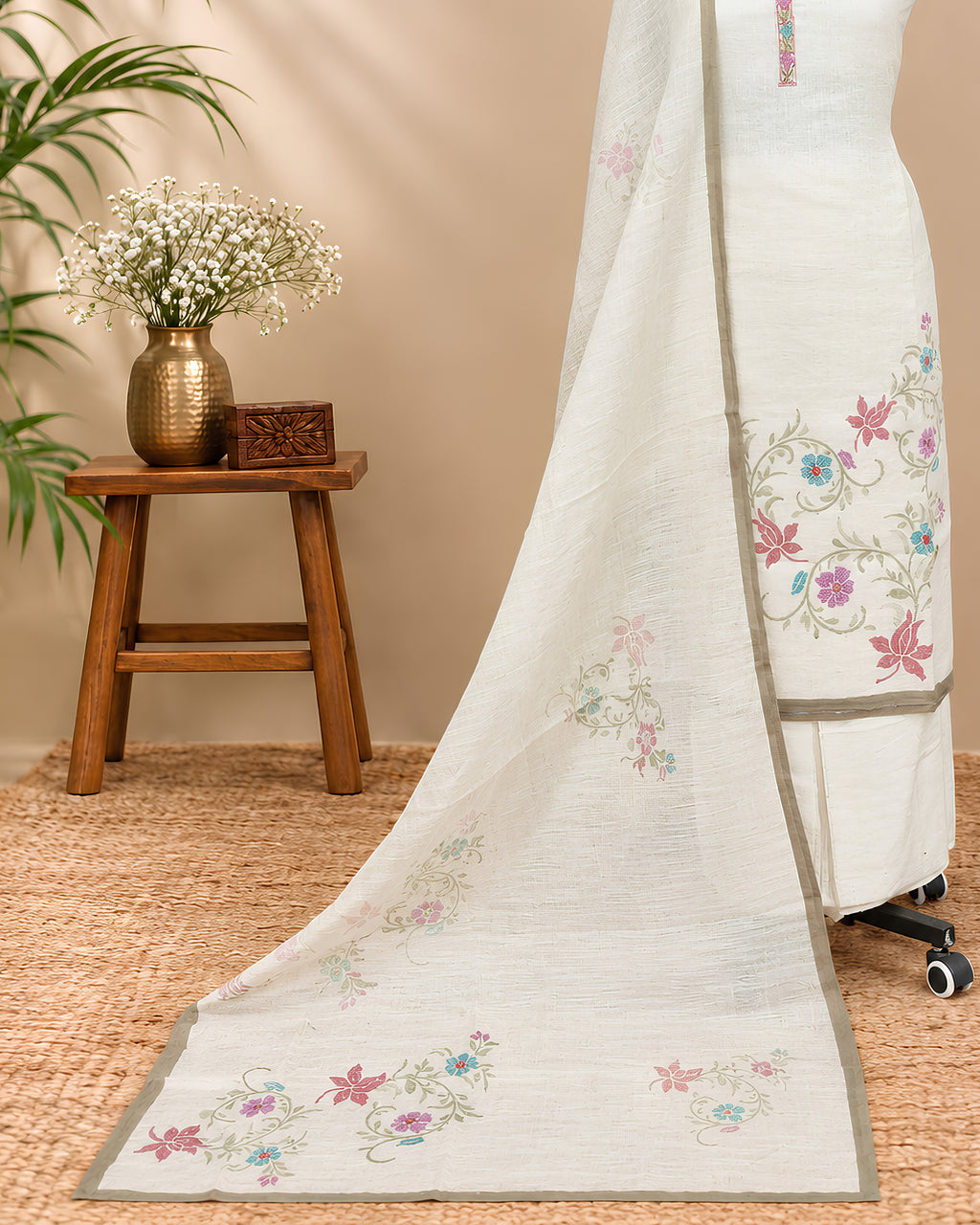 Linen Embroidery Chudi - Soft Peachish