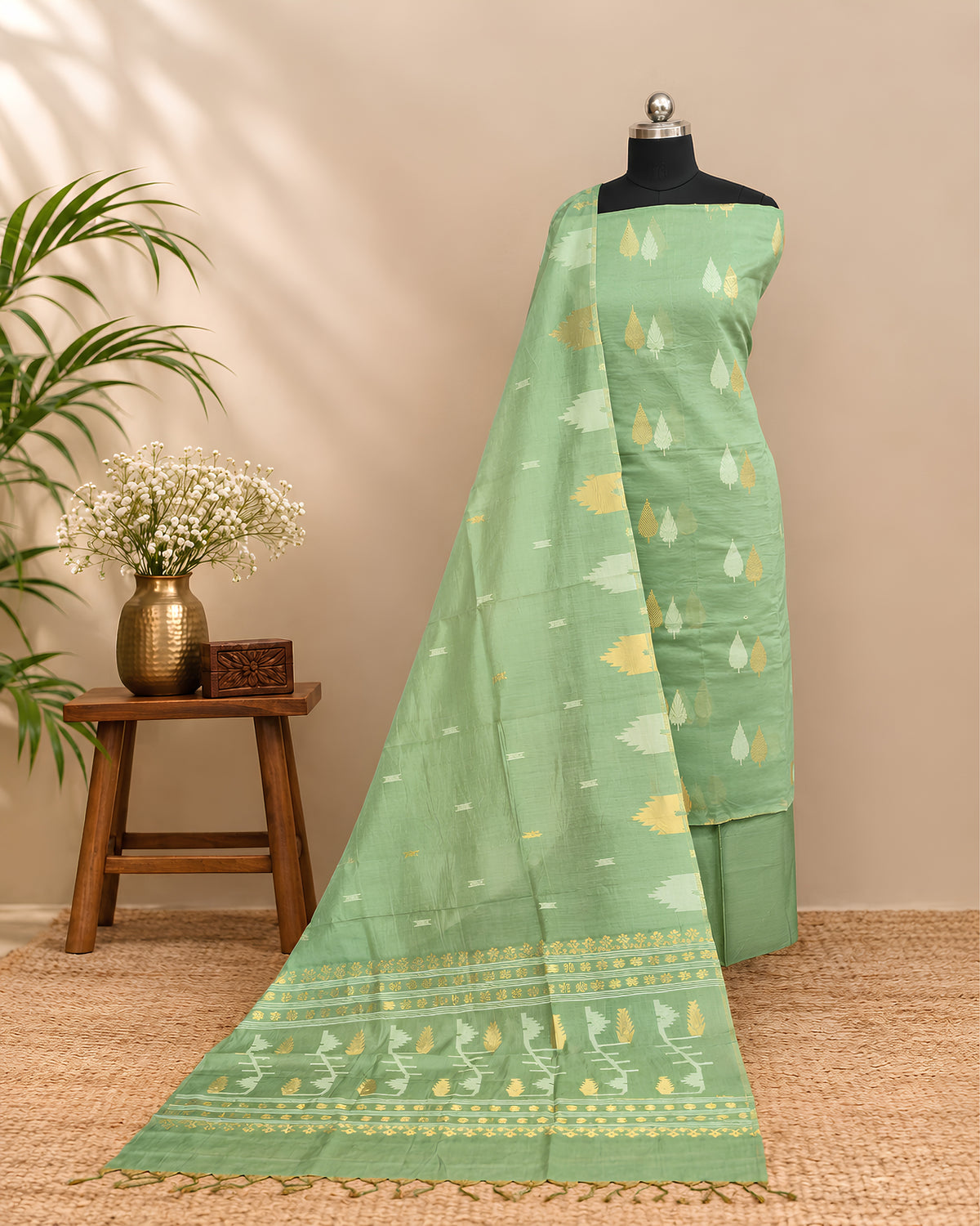 Soft sage green Kora Butti Chudi set from S Fabs, featuring intricate traditional jewelry with matching bangles and embellishments.
