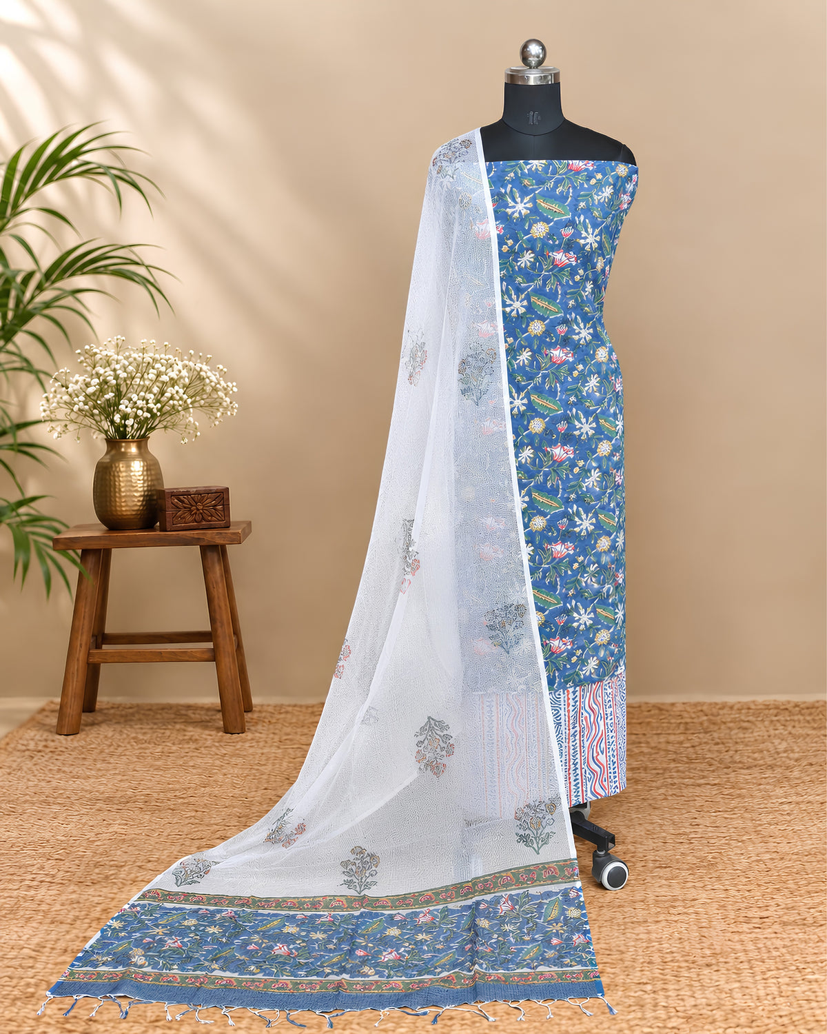 Mul Mul Kota Dupatta - Denim Blue with Multicolor Floral