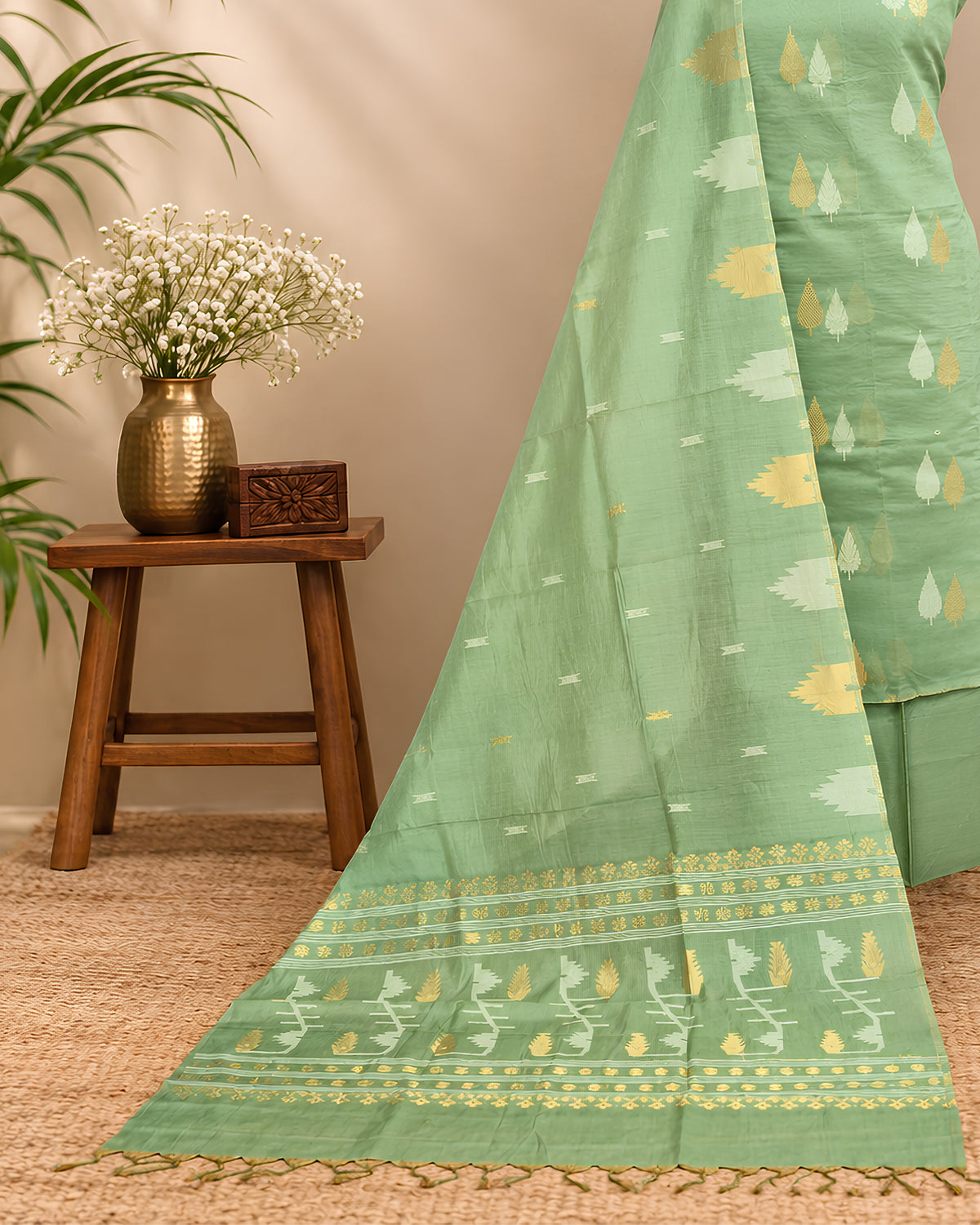 Sage green Kora Butti Chudi set from S Fabs, featuring soft fabric and traditional embellishments, displayed on a plain background.