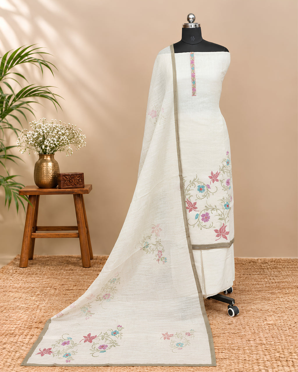 Linen Embroidery Chudi - Soft Peachish