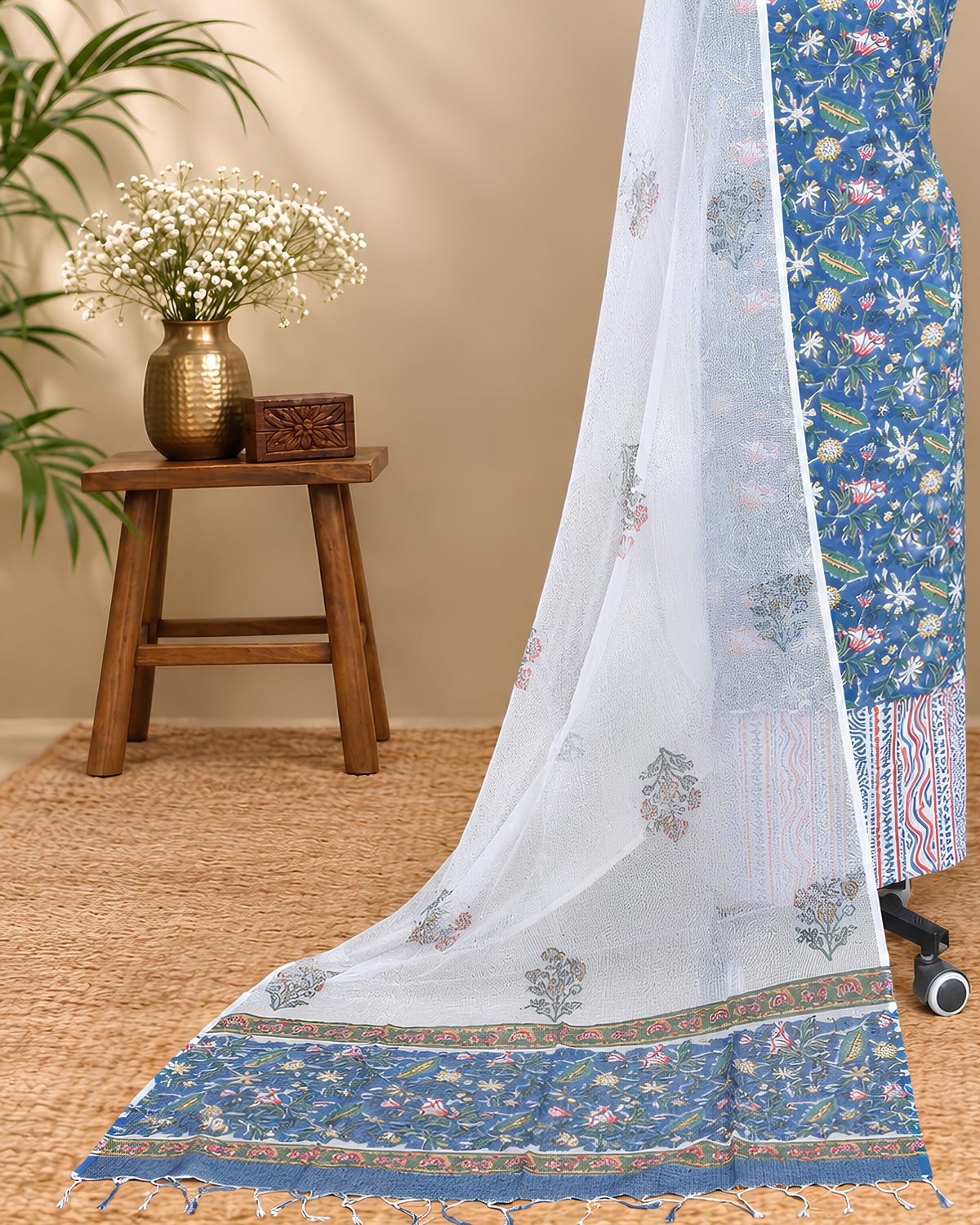 Mul Mul Kota Dupatta - Denim Blue with Multicolor Floral