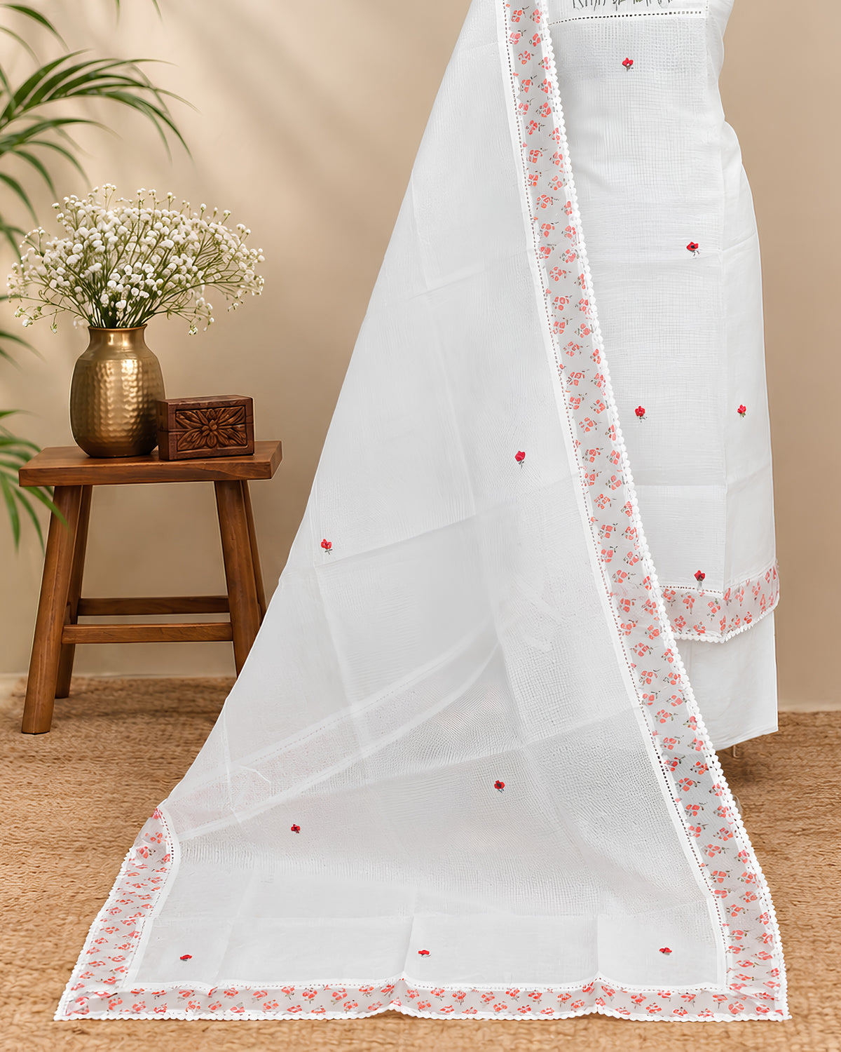 Premium Kota Embroidery Chudi - Classic Ivory White