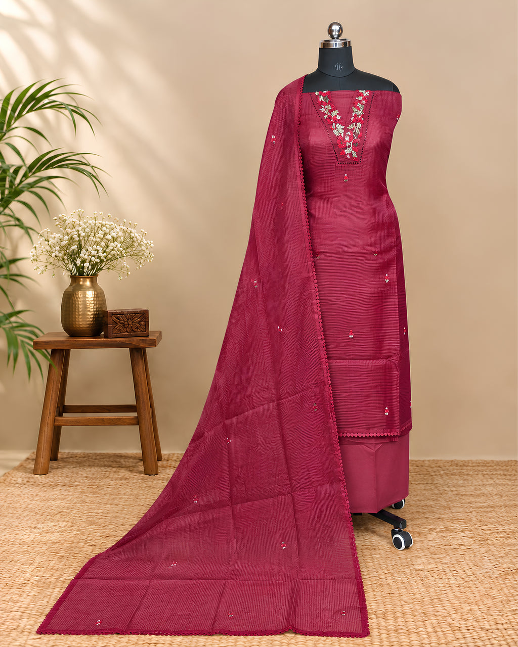 Premium Kota Embroidery Chudi - Maroon V Neck