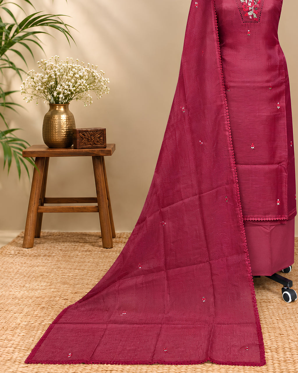 Premium Kota Embroidery Chudi - Maroon V Neck